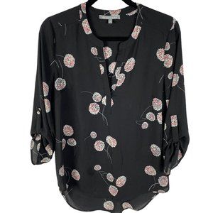 Daniel Rainn Blouse Size Medium Black Floral Print  3/4 Roll Tab Sleeves